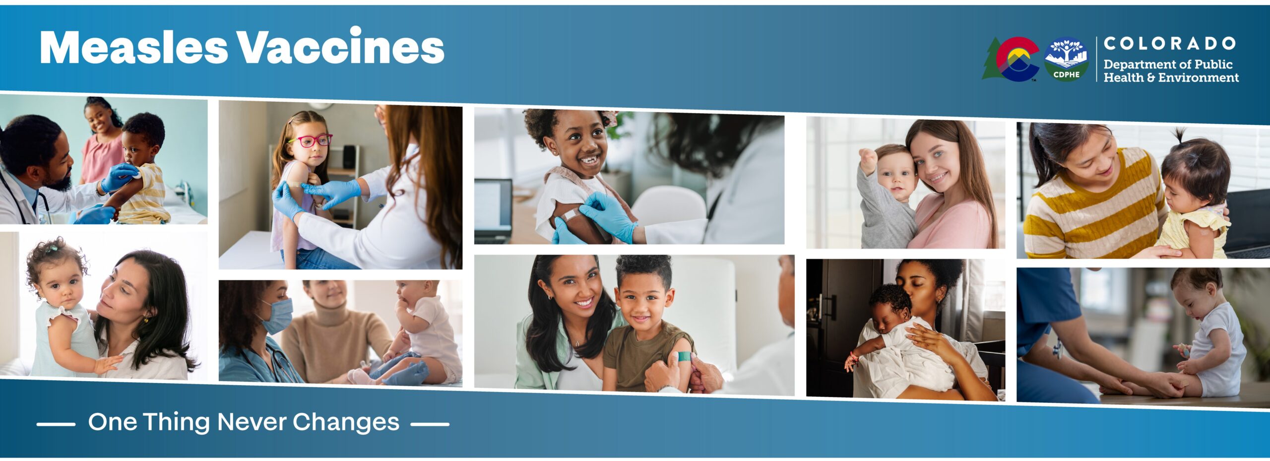 Measles_LandingPage_HeroBanner Hero banner showing multiple children getting vaccinated with their parents. Text reads: 'Measles Vaccines. One Thing Never Changes.'