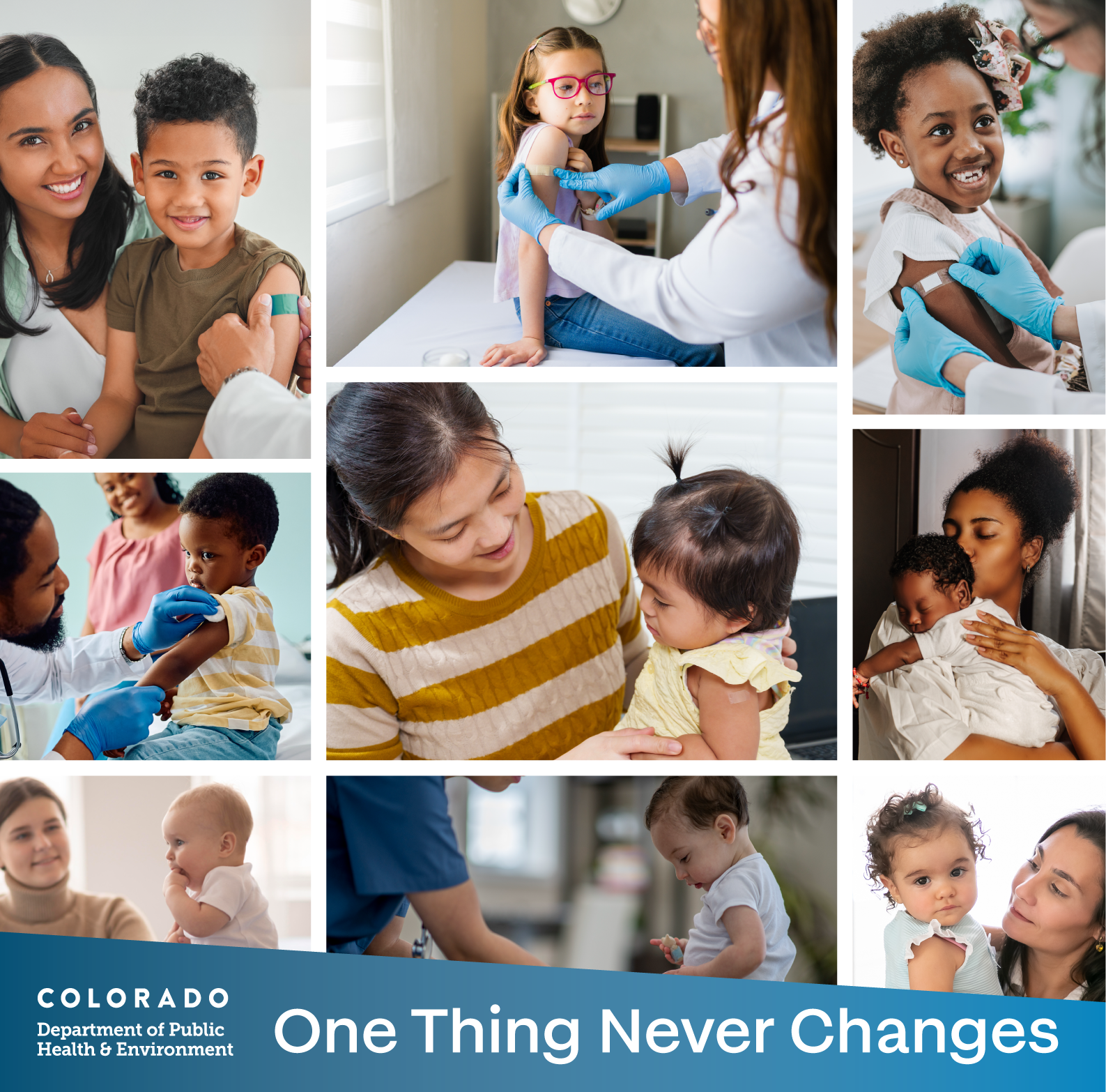 Measles_LandingPage_HeroBanner_MOBILE Hero banner showing multiple children getting vaccinated with their parents. Text reads: 'Measles Vaccines. One Thing Never Changes.'