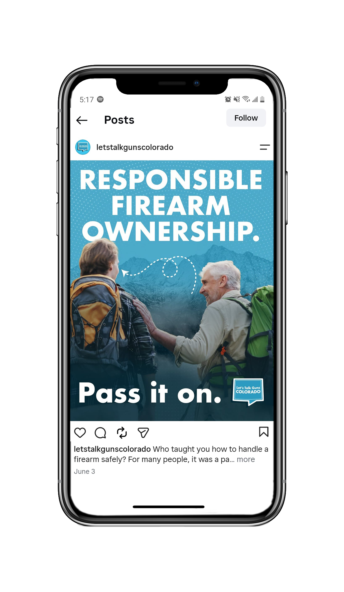 LTGC-Static-Post-Responsible-Firearm-Ownership Responsible Firearm Ownership. Pass it on. Static social media post on Instagram for Lets Talk Guns Colorado.