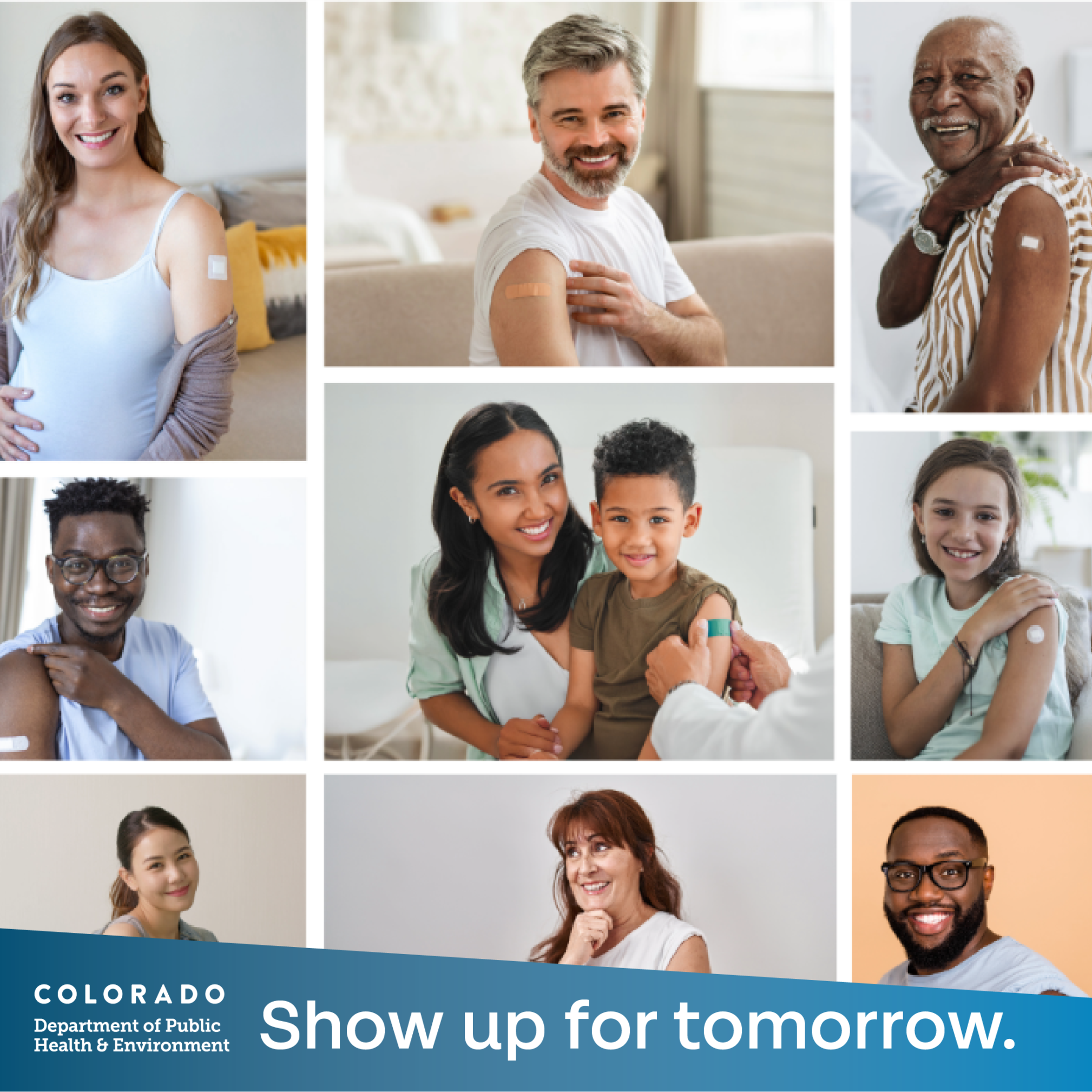 A hero banner for the Show up for tomorrow vaccination campaign for the Colorado Department of Public Health and Environment.